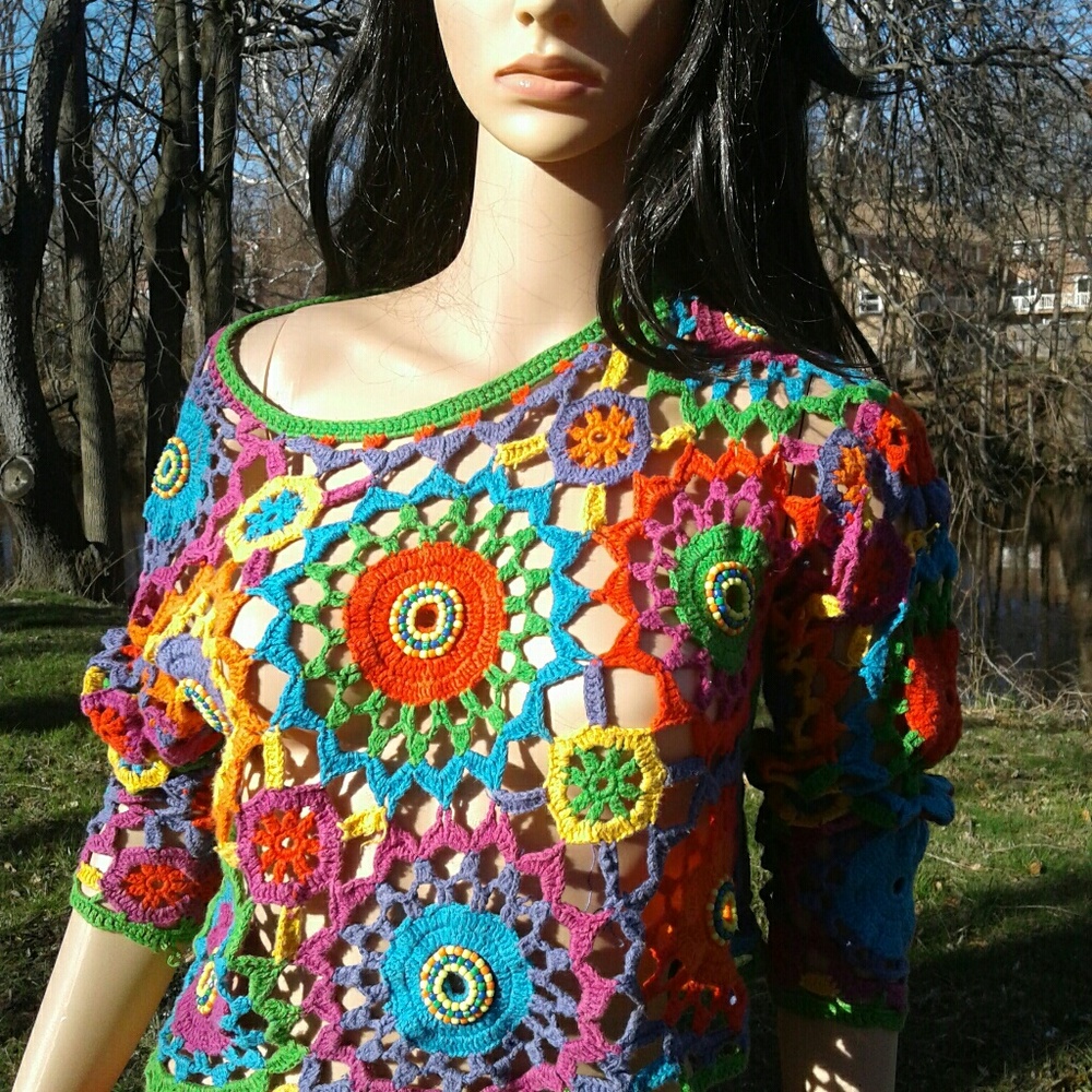 Rainbow festival knit mandala vintage top